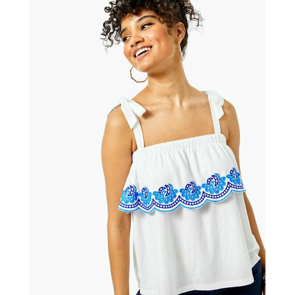 Lilly Pulitzer Benita Embroidered Scalloped White Tie Strap Tank Top Size XXS